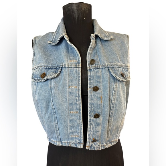 Vintage “Tickets” Blue Denim Crop Denim Vest Top - Picture 8 of 16